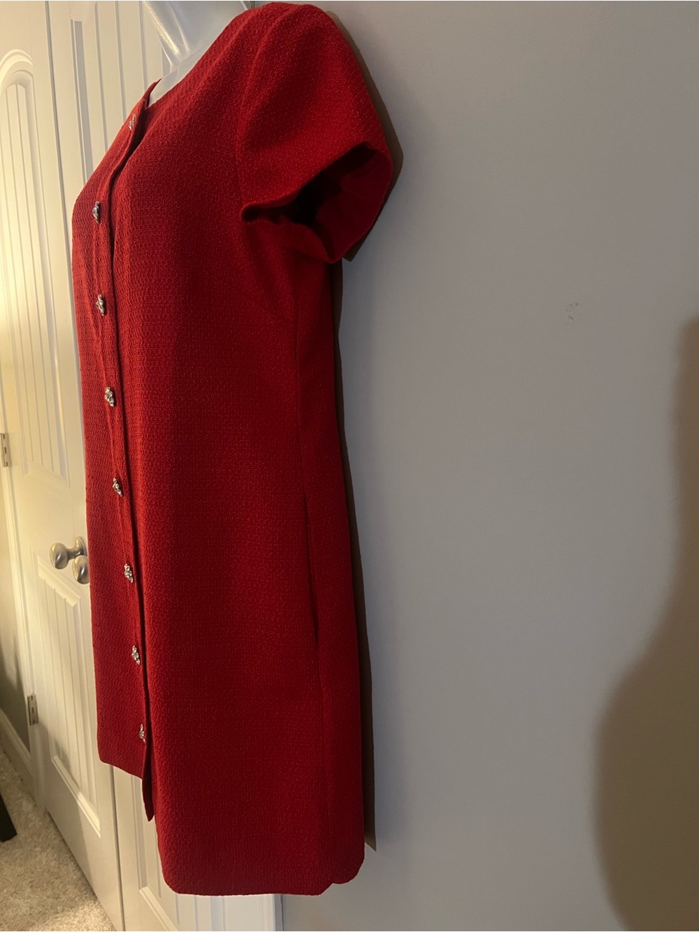 J.Crew Holiday Red Bouclé/Tweed-Texture Dress Crystal Jeweled floral buttons - Picture 7 of 14